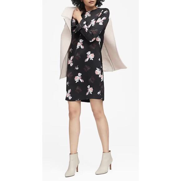 Banana Republic Women's Floral Ruffle-Cuff Dress Sheath Shift Lined Black Print - Picture 1 of 8